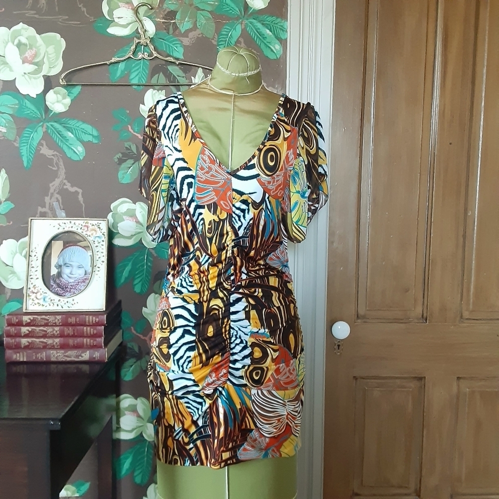 SNOB Monella Vagabonda Italian Ruched Mini Dress | Animal Print Bell Sleeve